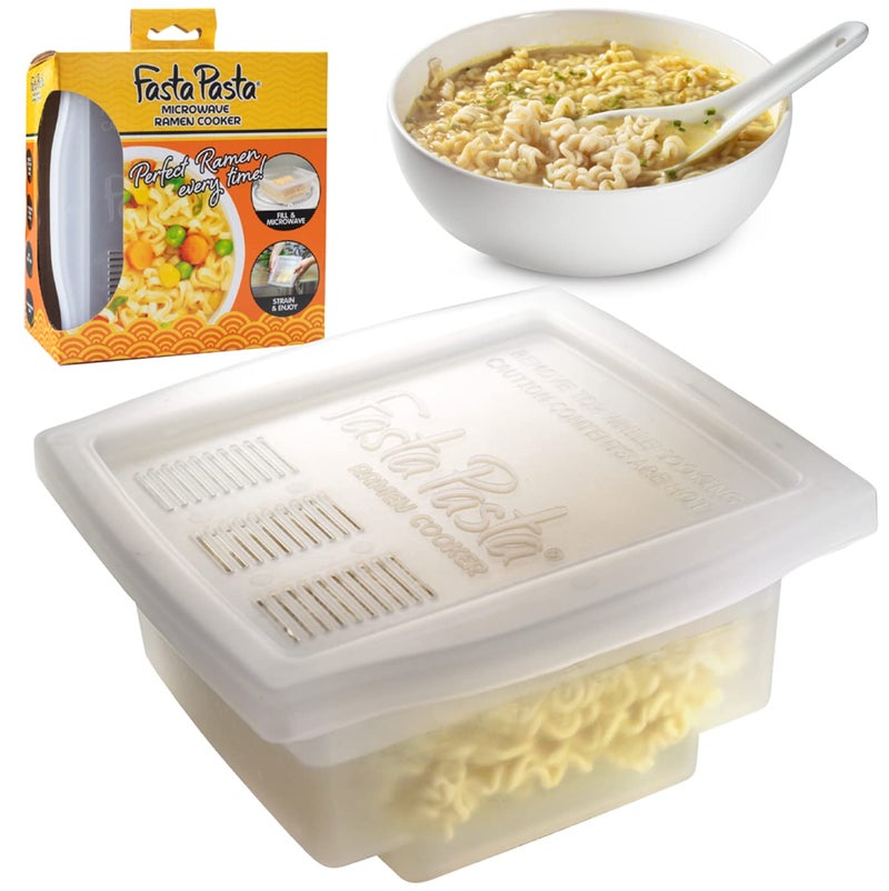 Fasta Pasta The Original Fasta Pasta Microwave Ramen Cooker w Lid and Built-in Strainer- No More Messes  Waiting for Water to Boil or Sticky Noodles- Perfect Al Dente Pasta Every time- Patented  It Really Works - Image 1